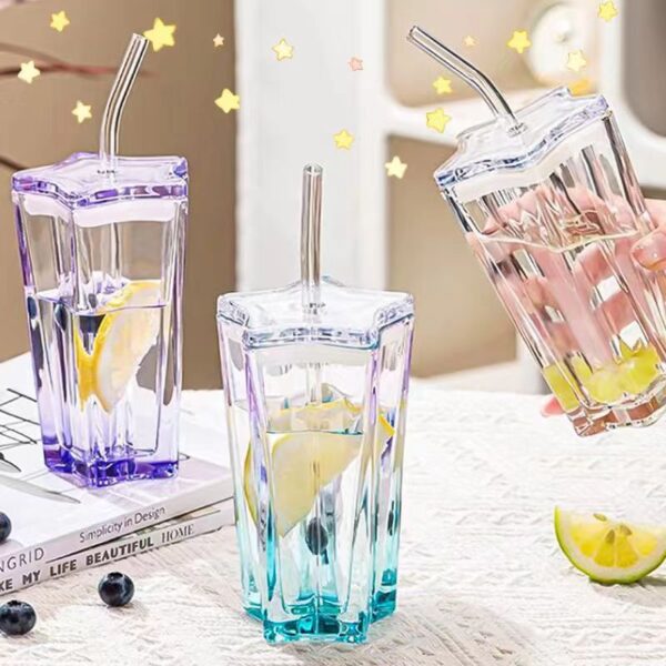 Five-Pointed Glass Coffee mugs with straw and lid Gradient Drink Cup