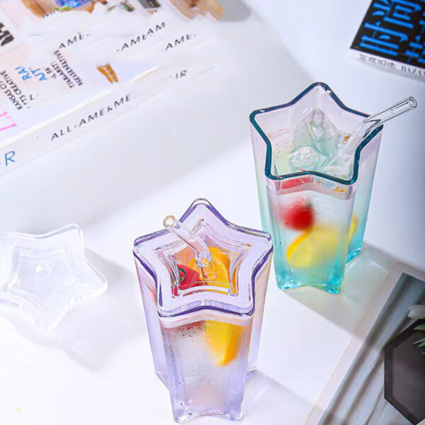 Five-Pointed Glass Coffee mugs with straw and lid Gradient Drink Cup